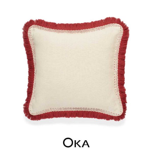 Cushion cover with red fringing by OKA