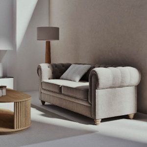 Sofá Chesterfield de terciopelo beige rosado