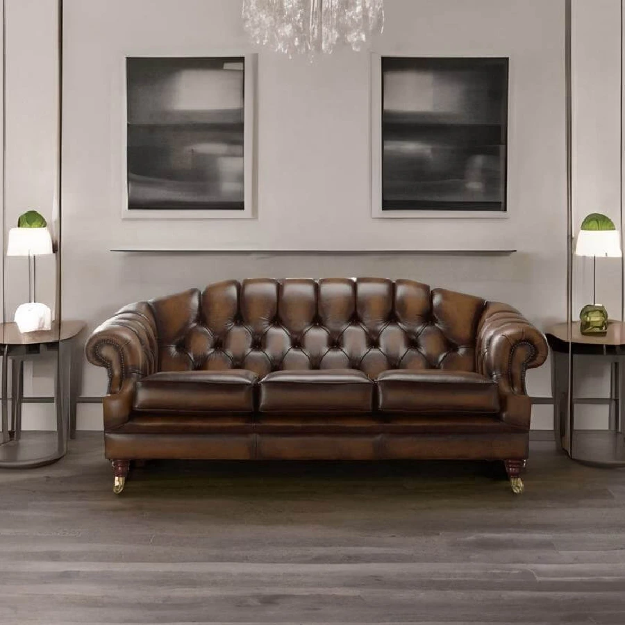 Chesterfield Victoria style leather 3 seater sofa
