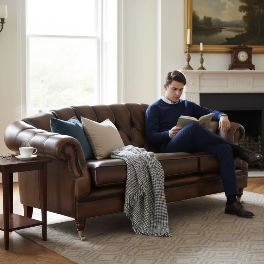 Chesterfield Victoria style leather 3 seater sofa